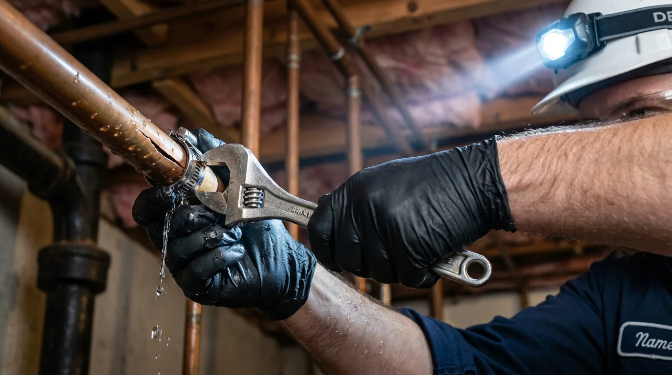 Emergency pipe clamp repair being performed by a Johns Plumbing LLC plumber in Alabaster