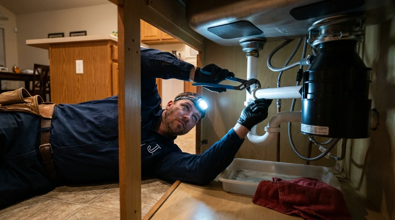 P-trap and supply line connections under a kitchen sink showing a common leak point in Alabaster, AL